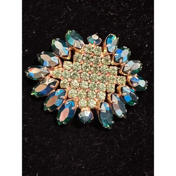 Vintage Rhinestone Brooch Peacock Blue & Peridot Green - Picture 1 of 4